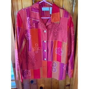 Alfred Dunner Pink Orange Patchwork Embroidered Linen Blend Jacket Womens 16